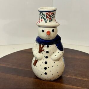 Polish Stoneware Style Snowman Candle Holder – Hand-Painted 6” Winter Home Décor
